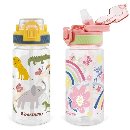 Kids Water Bottle for School, 16 Oz Plastic Water Bottle, 2 Pack | Silicone Spout, Pop-Up Cover, BPA Free & Dishwasher Safe, Woodland Animals & Flower - color: Woodland Animals/Flower, size: 16.2 Ounces
