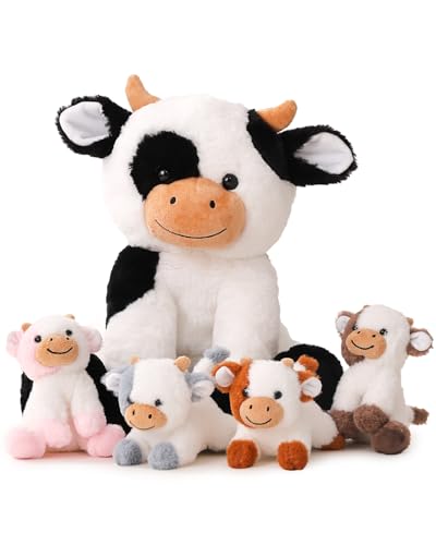Cow Stuffed Animals Mommy with 4 Baby Cows Toys Gifts for Girls Children | Cute Stuffed Plush Toys Set for Toddlers Kids Ages 0-8+, Christmas Birthday Baby Shower Party Decor Storytime Companion Gifts - style: Cow