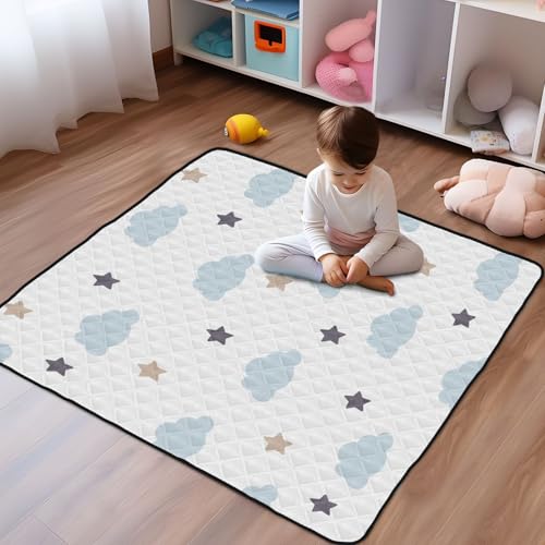 Baby Play Mat Blue Clouds Stars White Doodle 50 x 50 Playpen Mats for Floor Play Gym Crawling Mat Non-Slip Cushioned Baby Playmat for Infants, Babies, Toddlers - color: multi 17