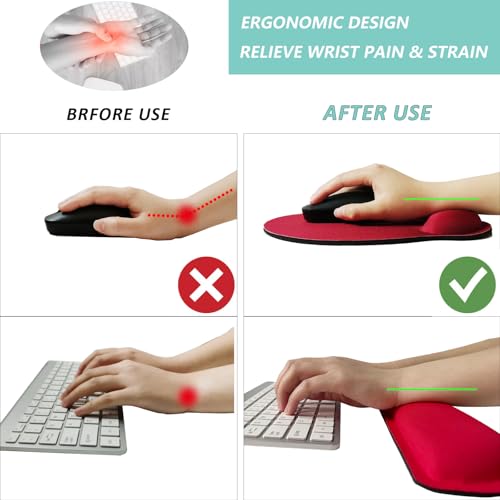 Keyboard Wrist Rest Pad Mouse Pad with Wrist Support Set of 3, Mousepad with Non-Slip Rubber Base, Ergonomic Memory Foam Mouse Wrist Cushion Support for Home Office Laptop Computer Gaming, Red - color: Red