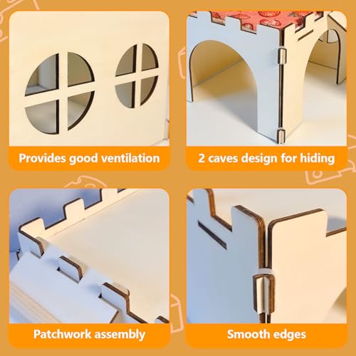 2PCS Guinea Pig Hideout,Large Wooden Guinea Pigs House with Stairs and Mats,Detachable Guinea Pig Castle Hide for Small Animals Hamster Chinchilla Ferret Habitats Accessories - size: 2 Houses