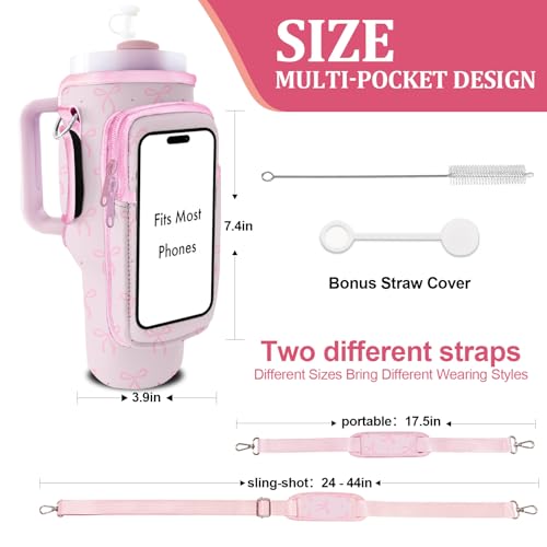Stanley Carrier Bag for Stanley 40oz/30ozTumbler with Phone with 2 Adjustable Strap,3 Pockets Bottle Stanley Cup Carrier Bag & Case,Accessories for Hiking Travelling - color: Pink Bow