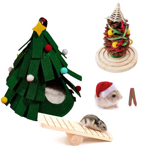 5 Pcs Hamster Set Chew Toys Tree Wooden Seesaw Habitat Décor Cloth Christmas Hat for Small Animal Chinchillas, Bunny,Mice,Rats,Mouse (Christmas Set)
