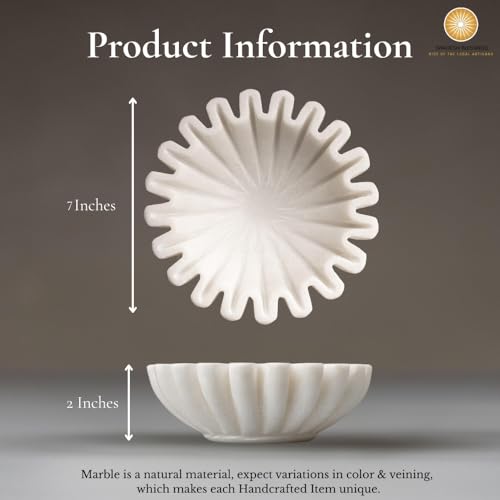 SWADESHI BLESSINGS Handcrafted Marble Ruffle Bowl for Home Decor, 7" | 100% Real White Marble, Catch-all Scalloped Fluted Decorative Bowl for Ring Dish, Fruit Bowl, Coffee&Dining Table, Gift-Ready - size: 7 Inches