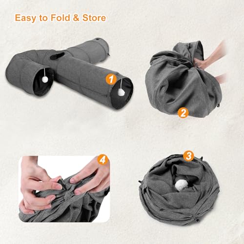 Ownpets 10" Large Cat Tunnel 3-Way U-Shape Oxford Fabric for Large Cat | Silent oxford fabric no noise, expandable 3-channel design, with plush ball ,feather wand, peek hole, for multi-cat household - size: 10 Inches in Diameter