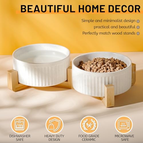 Non-Slip Ceramic Dog Bowls with Wood Stand,6" Dog Food and Water Bowl Set with Silicone Base, 32 OZ/4 Cups Weighted Flip-Proof Pet Feeding Bowl for Small Dogs and Cats (Medium,White) - color: Wood Stand, size: 4 Cups