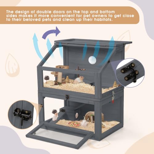 COZIWOW 2-Tier Hamster Cage, Large Rat Cage and Habitat with Ramps, Openable Top, Detachable Small Animal Cage for Hedgehogs, Gerbil, Mouse, Wooden Frame with Acrylic Panel, Gray - color: Gray
