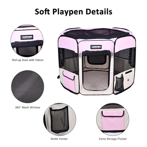 Jespet Soft Dog Playpen, Portable Pet Exercise Pen Kennel with Carry Bag | 2-Door, Easy to Fold, Ground Stakes, Zipper Locks, Large Storage Pocket, Washable Top Mesh Cover & Bottom Cover - color: Pink, style: 36x36x24 Inch (Pack of 1)