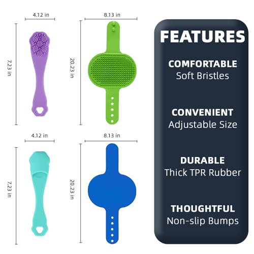 4PCS Dog Bath Brush | Scrubber for Bath | Shampoo Brush | Toothbrush | Finger Toothbrush | Dog Shower/Washing Brush with Adjustable Ring Handle - Pet Bath Supplies (Blue Green) - color: Blue Green