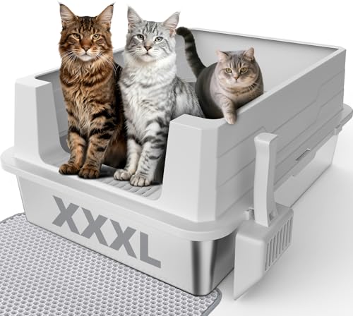 Stainless Steel Litter Box Extra Large for Big Cats Multi-Cats, Jumbo Extra Large Metal Cat Litter Box with High Sided Lid, Anti-Urine Leakage, Non-Stick,Include Litter Scoop - color: Silver Grey, size: XXXL