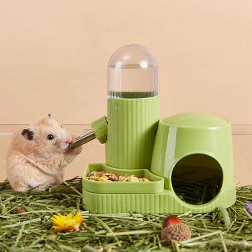3 in 1 Hamster Water Bottle No Drip Automatic Leakproof Dispenser with Food Container and Hideout Base for Gerbil Rat Dwarf Hamster Mouse (Green, 3.4oz) - color: Green