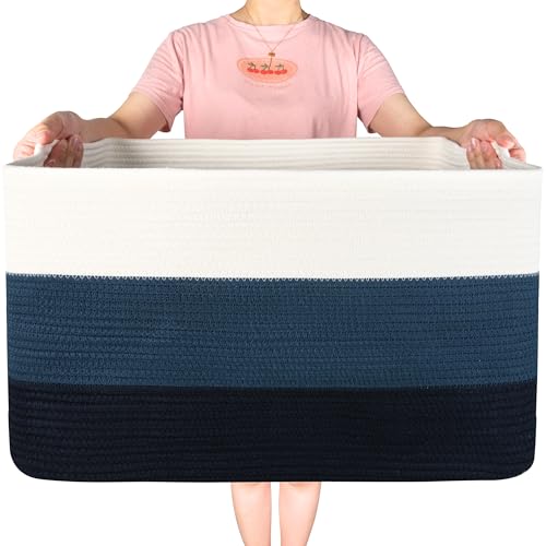 22in Extra Large Blanket Basket Holder Living Room, Rectangle Rope Woven Storage Basket with Handles for Laundry, Pool Towels, and Shoes, Dog Toy Organizer Bin Box, 3-Tone Blue - color: 3-Tone Blue