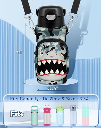 Water Bottle Carrier with Strap for Kids, 14-20 oz | Insulated, Neoprene Water Bottle Holder Bag with Pocket, Cute Cartoon, Bottle Bag for boys and girls, Walking Hiking Camping - color: Camo Shark