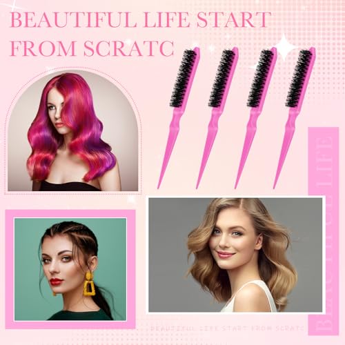 Yaomiao 6 Pcs Teasing Brush Set, 3 Row Nylon Rat Tail Combs for Fine Hair, Back Combing, Root Lifting, Scalp Massage, Hair Brushes for Women Salon Home Use(Pink) - color: Pink