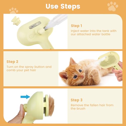 3 in 1 Cat Steam Brush, Pet Spray Hair Removal Comb for Shedding & Grooming, Water Brush for Cats Dogs Small Animals Long Short Haired with One-Click Release Button(Yellow) - color: Yellow