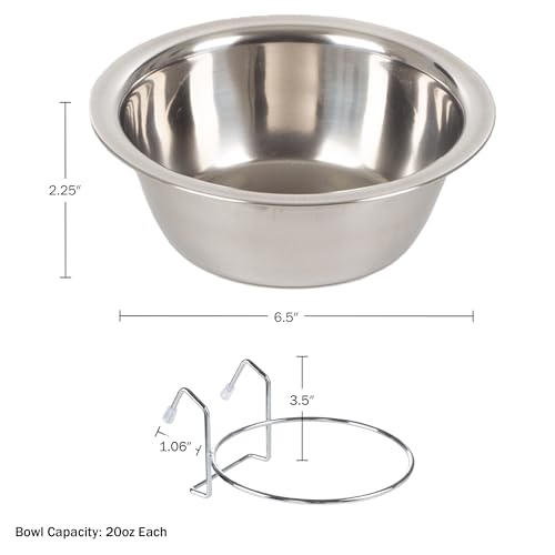 Set of 2 Stainless-Steel Dog Bowls - Cage, Kennel, and Crate Hanging Pet Bowls for Food and Water - 20oz Each and Dishwasher Safe by PETMAKER,Silver