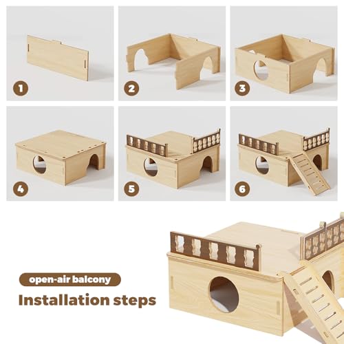 Wooden Hamster Platform and Dwarf Hamster House,Cute Syrian Hamster Tiny House Hideout,Large Balcony Lookout Holes,for Dwarf Gerbils and Mouse Mice Rat Other Small Animals(G) - color: BrownL