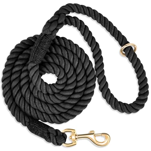 6 FT Handmade Rope Dog Leash for Small Medium and Large Dogs | Soft and Comfortable Grip, New Golden Heavy Duty Metal Clasp, Black - color: Black, size: 6FT x 1/2in (Pack of 1)