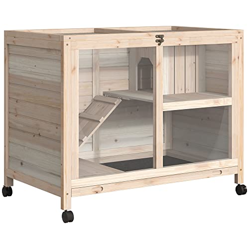 PawHut Rabbit Hutch with Wheels, Desk and Side Table Sized, Wooden Rabbit Cage, Waterproof Small Bunny Cage with Removable Tray, Openable Roof, for Indoor & Outdoor, Natural | Wooden Rabbit Cage, Waterproof Small Bunny Cage, Removable Tray, Openable Roof,