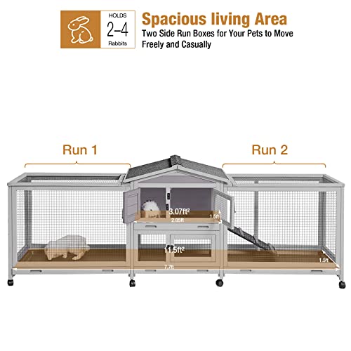 GUTINNEEN 2-Story Rabbit Hutch for 2-4 Bunnies - Wooden Guinea Pig Cage with Wheels, Pull-Out Trays & Waterproof Asphalt Roof, Indoor Outdoor - size: 93.7"L x 22.6"W x 33.5"H