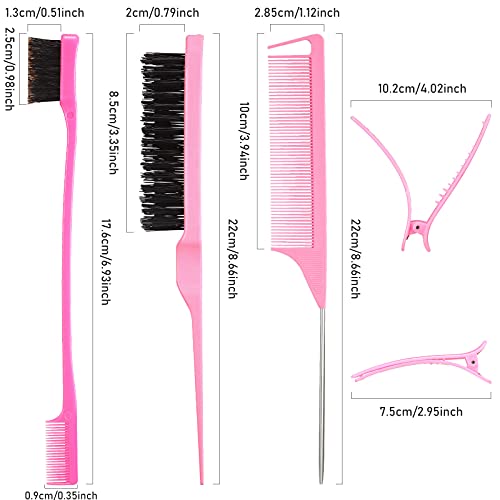 Remerry 12 Pieces Hair Brush Set, Nylon Teasing Hair Brushes 3 Row Salon Teasing Brush, Double Sided Edge Smooth Comb Grooming, Rat Tail Combs with Duckbill Clips for Women(Pink) - color: Pink