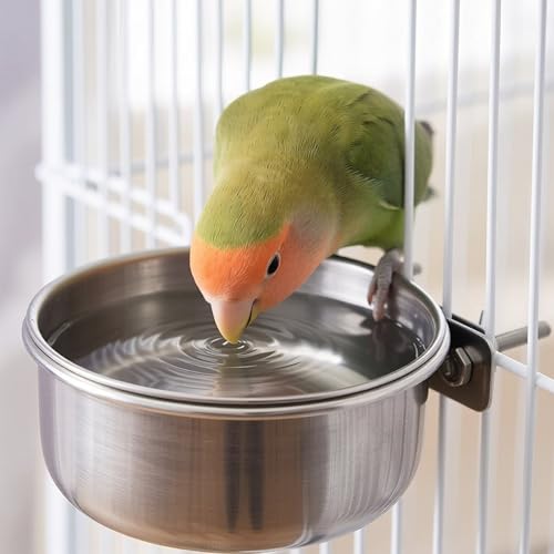 3 Pcs Stainless Steel Bird Feeding Cups with Clamp Holder - Birdcage Food Water Dish Bowls for Cockatiel Parakeet Macaw Finches Lovebirds Small Animals