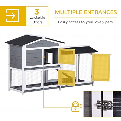 PawHut 62" Rabbit Hutch, Wooden Bunny Hutch, Guinea Pig Cage, Small Animal Enclosure with Run Area, Removable Tray, Asphalt Roof, Lockable Doors and Ramp, Gray | Wooden Bunny Hutch, Guinea Pig Cage, Small Animal Enclosure, Removable Tray, Asphalt Roof, Lo