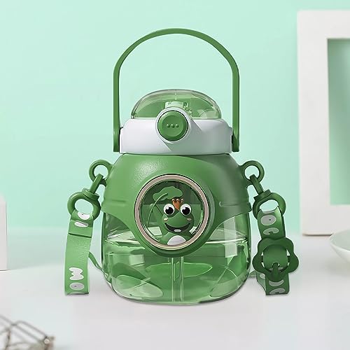 Water Bottle with Straw 37oz Kawaii Bottles with Adjustable Strap for Women,School Office Gifts,Cute Animal Theme Water Bottles - Green Frog - color: Green Frog