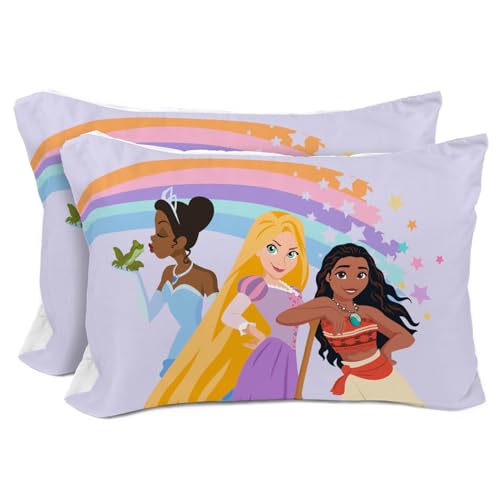 Disney Princess 2 Pack Reversible Pillowcases 20x30 Inch - Super Soft Microfiber Pillow Covers, Moana, Belle, Rapunzel, Aurora, Jasmine & Tiana, Machine Washable Kids Bedding (Officially Licensed) - color: Multi - Princess