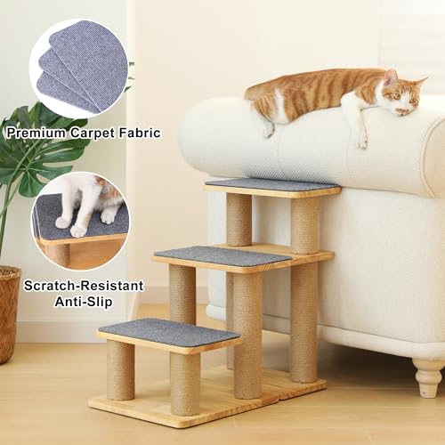 FUKUMARU Dog Stairs, Solid Wood Pet Stairs with Cat Scratching Post | Transformable Cat Step Hold Up to 200 lbs, 20" Pet Ramp for Dogs and Cats to Climb High Bed and Couch, Over 6 Combinations - color: Grey