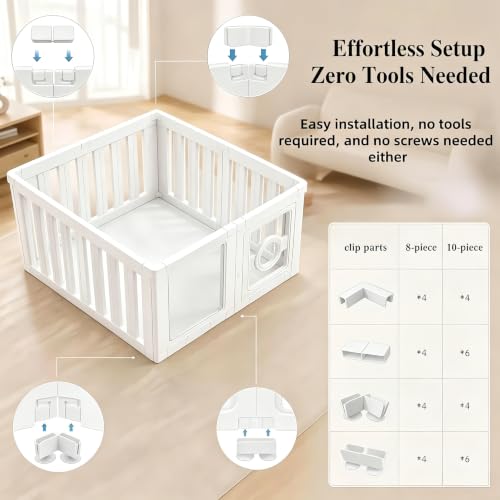 Acrylic Dog Playpen – Tool-Free 10-Panel Assembly Portable Dog Play Pen with Door, 23.6” High Pet Fence Indoor, Modern White Pet Play Pen for Dogs, Cats & Small Animals