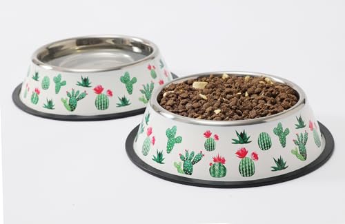 Stainless Steel Dog Bowls, Food and Water Non Slip Anti Skid Stackable Pet Puppy Dishes for Small, Medium and Large Dogs (2 Pack) - color: Cactus, size: ¾ Cup/7 oz