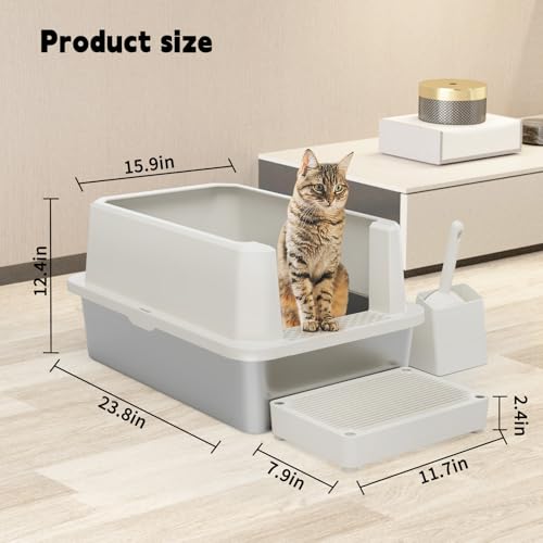 RIZZARI Stainless Litter Box Semi-Closed: Odorless, Large, Easy Clean | High Splash Guard / Non-Stick Steel Pan / 20L Capacity / Raised Step / Fits Any Room / Multi-Cat Use - color: Beige, 1 Pack