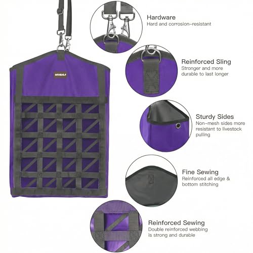 Ultra-Slow Feed Hay Bag for Horses, 3 Packs Hay Bags with Net Front Design,Wide Opening for Easy Filling,Two Types of Hanging for Feeding Goats, Sheep and Donkeys (1 Black+2 Purple) - color: 1 Black+2 Purple
