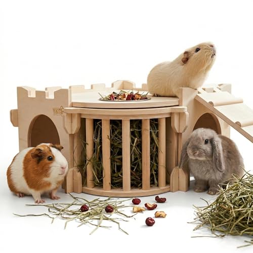 Natural Wood Chinchilla House with Ladder and Hay Feeder | Guinea Pig Castle Small Animal Hideout for Rabbit, Guinea Pig, Chinchilla, Hedgehog - size: Extra Large Assembly Style
