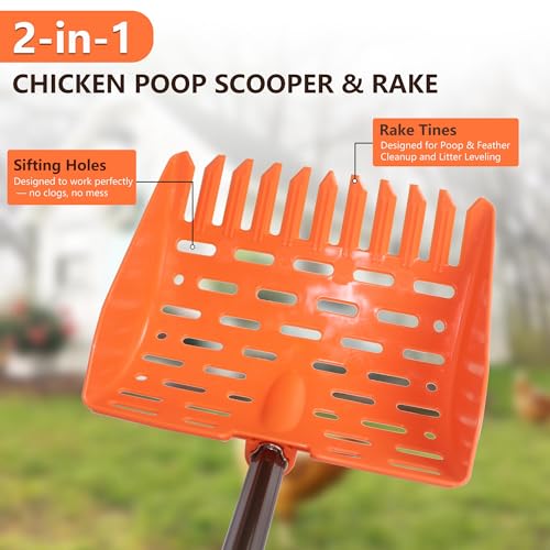 Chicken Dog Coop Poop Scooper & Rake 2-in-1 Telescopic Sifting Shovel | Litter Scoop - color: ORANGE