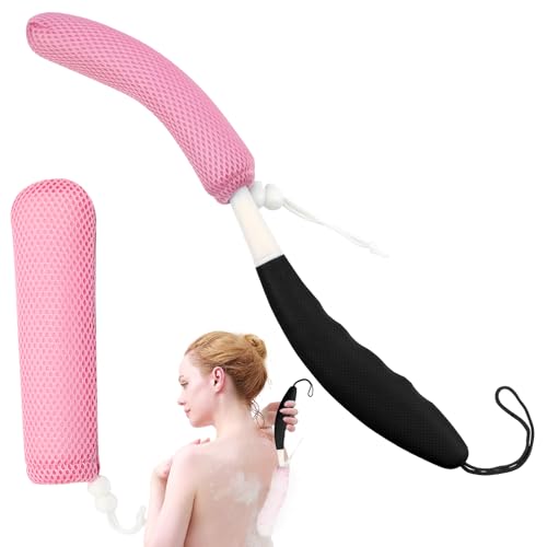 Shower Back Body Brush with Long Handle，15.35"Back Scrubber for Men & Women | Body Brush for Bath with Anti Slip Long Handle,Exfoliating Mesh Sponge Body Scrubber, Removable Curved Back Scrub Brush - size: Black+Pink Handle