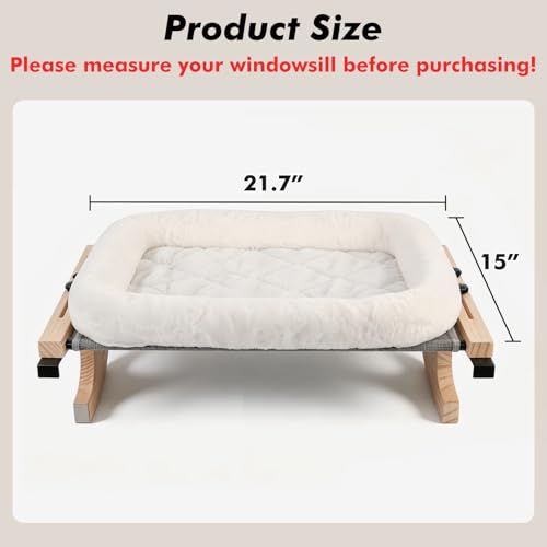 AMOSIJOY Cat Sill Window Perch Sturdy Hammock Window Seat with Cushion Bed Cover, Wood & Metal Frame for Large Cats, Easy to Adjust Cat Bed for Windowsill, Bedside, Drawer and Cabinet(Cushion Bed) - color: White, size: 21.7''L x 15''W
