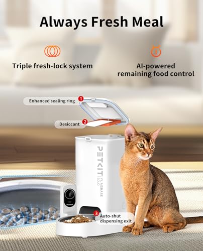 PETKIT Automatic Cat Feeder with Camera, 1080P HD Video with Night Vision, 2.4G WiFi Pet Feeder for Cat & Small Dog, 2-Way Audio & Meal Call Pet Food Dispenser with Desiccant Bag, Motion Capturing - color: White with Single Food Hopper