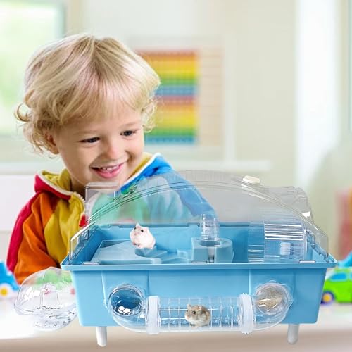Tfwadmx Dwarf Hamster Cage,Acrylic Rat Cage,Hamster Home Small Animal Cages with Tube Exercise Wheel Mouse Habitat for Gerbils Mice 17.7”x11”x11.8”, Blue - color: Blue