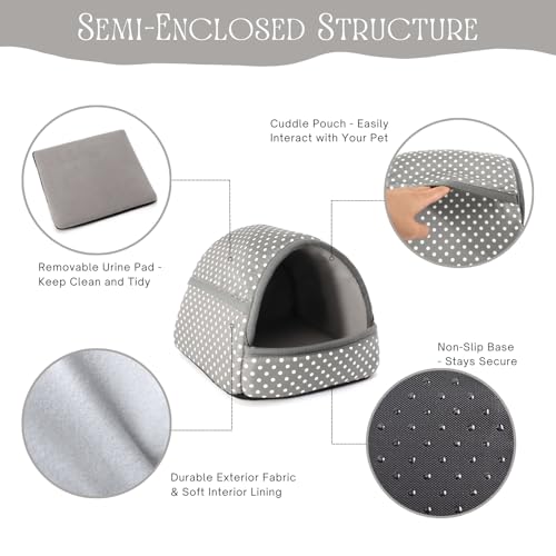 Guinea Pig Hideout with Cuddle Pouch - Washable Dwarf Rabbit Bed, Durable Fabric with Soft Lining - Small Animal Cage Accessories - Grey Dot - color: Grey