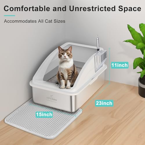 AIPERRO Stainless Steel Litter Box | XL Enclosed Cat Litter Boxes with Lid for Big Cats | High Sided, Anti-Urine Leakage | Non-Stick Bottom & Includes Litter Mat & Metal Scoop - color: Silver Grey, size: X-Large