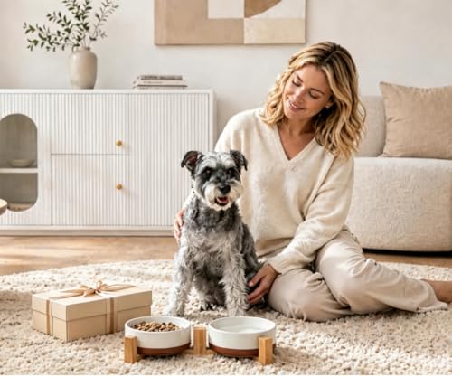 MALACASA Ceramic Dog Bowls Set with Wood Stand, 3.5 Cups Pet Bowls for Medium Dogs with Non-Slip Base, Large Puppies, Cats, Retrievers, ect.Pet Food & Water Basic Bowls Set, Weighted Glaze Matte.34 OZ - color: Vanilla White（2 PCS with Stand）, size: M-3.5