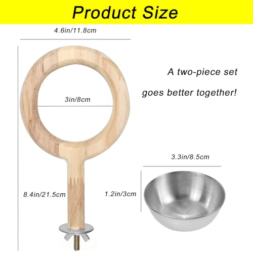 2-Pack Bird Perch Feeding Cup for Parakeet Cockatiel Budgie | Solid wood perch with stainless bowl secures to cage, preventing spills and scattered seeds for small birds - color: 2*large bird feeding cup