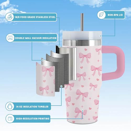 Bow 14 oz Tumbler, with Handle Straw, Stainless Steel Travel Cup | 14 oz Insulated Water Bottle, Travel Vacuum Coffee Mug, Thanksgiving Christmas Birthday Gift for Daughter, Bow Lover Gifts - color: Bow-Pink