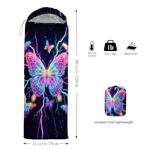 QOOMO Camping Sleeping Bags,3 Season Warm & Cool Weather,Lightweight,Waterproof Sleeping Bags for Adults & Kids,Traveling,and Outdoors,Camping Gear Equipment - color: neon butterfly