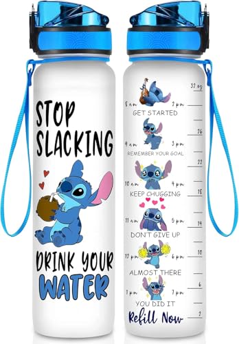BAIG Blue Alien 32 Oz Water Track Bottle, Stop Slacking Drink Your Water Water Bottle With Time Marker, Alien Motivational Insulated Water Bottle, Gifts For Cute Alien Lovers