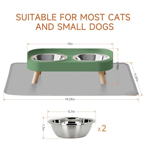 Elevated Cat Bowl with Food Mat, Raised Cat Food and Water Bowl Set for Indoor Cats, Splash Proof with 2 Stainless Steel Pet Food Bowls for Cats and Puppies,Whisker Fatigue and Dishwasher Safe (Green) - color: Cat Bowls with mat - green