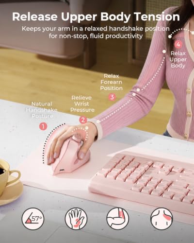 seenda MOU-302 Wireless Bluetooth Ergonomic Vertical Mouse with Volume Knob | Rechargeable 3-device mice for small/medium hands with quiet clicks, 1000/1600/2400 DPI for PC, laptop, MacBook, Pink - color: Pink