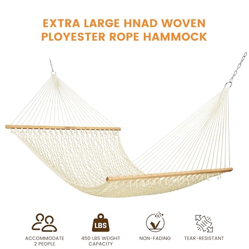 Lazy Daze 13 Ft Double Handwoven Polyester Rope Hammock with Tree Straps | Mesh Hammock for 2 Person, with Spreader Bar, Carabiners, Chains for Outside, Backyard, Patio, 450 Lbs Capacity - color: Natural